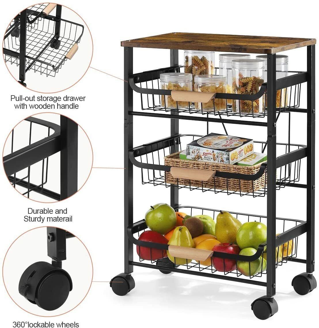 Kitchen Cart with Storage &Wheels 4 Tier Rolling Utility Cart Metal Pantry Rack